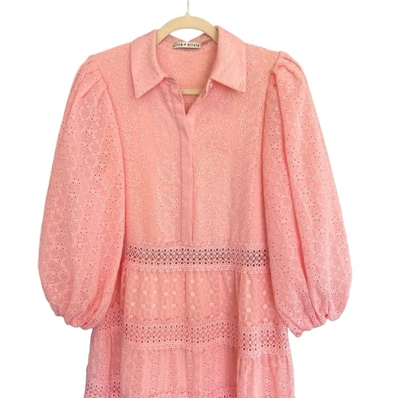 Alice + Olivia Blakesley Embroidered Lace Jacquard Tier Mini Dress Light Pink 6 - Picture 2 of 8